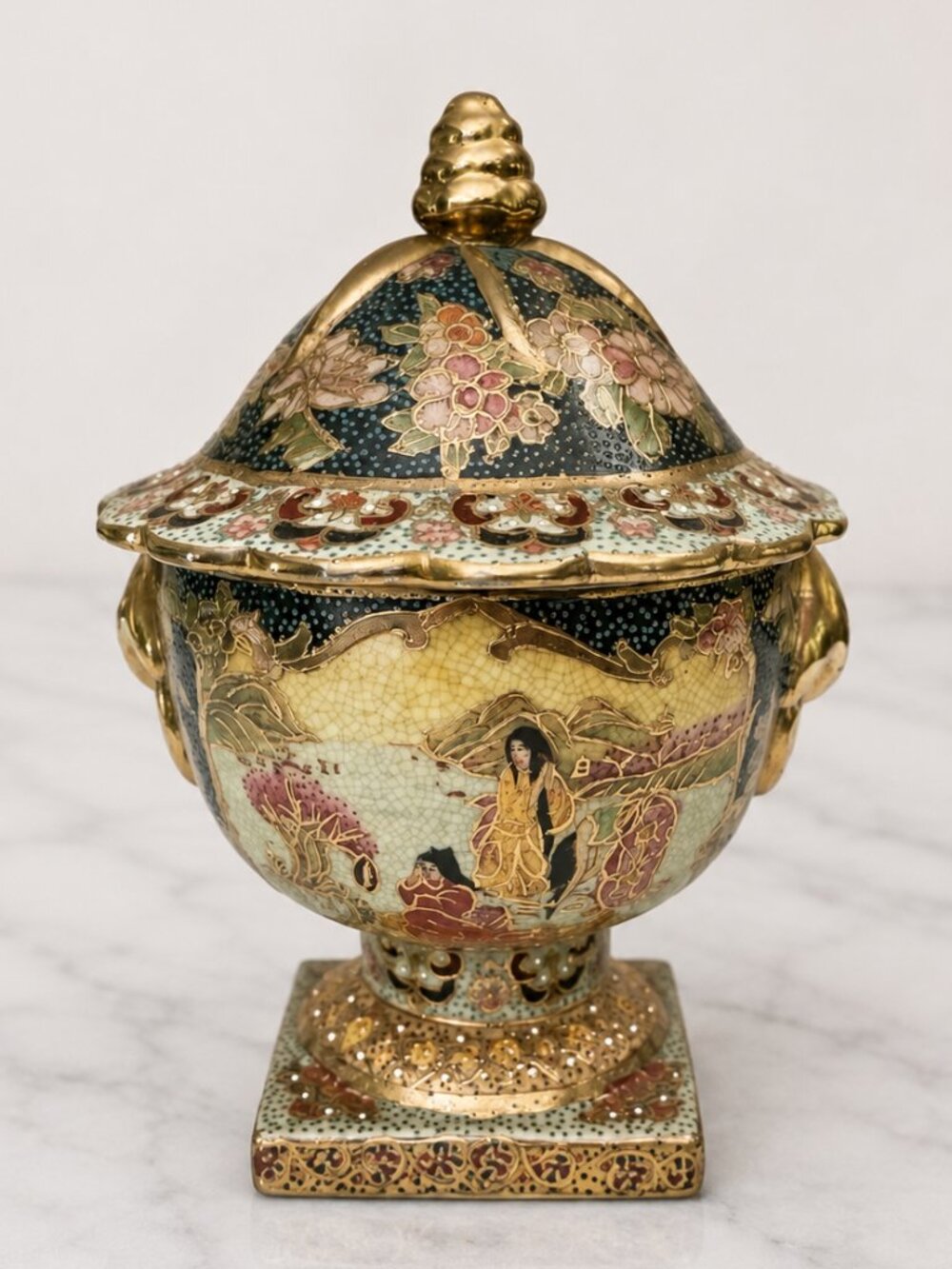 VTG Japanese Satsuma Moriage Gilded Lidded Jar Urn 10.75" Hand Painted - SIGNED